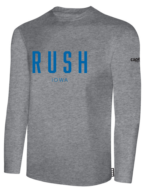 IOWA RUSH NORTH  RUSH LONG SLEEVE COTTON T-SHIRT CREST ON WEARERS CENTER CHEST LIGHT HEATHER GREY BLACK