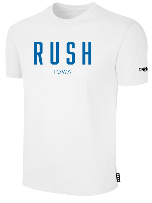 IOWA RUSH NORTH  RUSH SHORT SLEEVE COTTON T-SHIRT CREST ON WEARERS CENTER CHEST WHITE BLACK