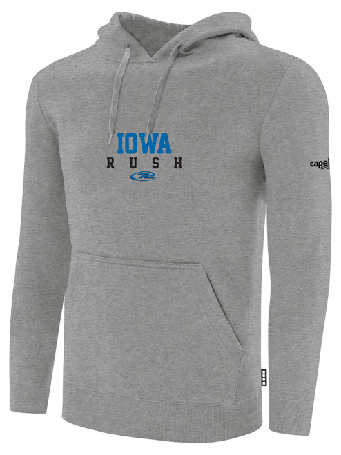 IOWA RUSH NORTH FLEECE HOODIE CREST ON WEARERS CENTER CHEST LIGHT HEATHER  GREY BLACK