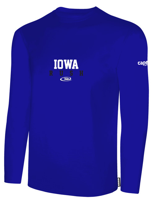 IOWA  RUSH NORTH  RUSH LONG SLEEVE COTTON T-SHIRT CREST ON WEARERS CENTER CHEST ROYAL BLUE WHITE