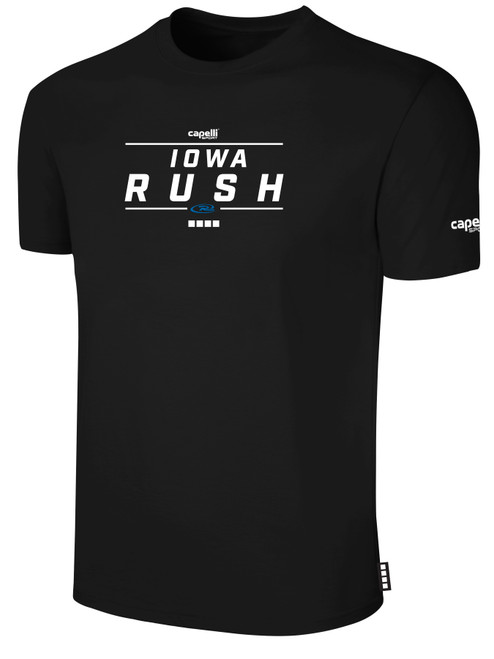 IOWA  RUSH  NORTH  RUSH SHORT SLEEVE COTTON T-SHIRT CREST ON WEARERS CENTER CHEST BLACK WHITE