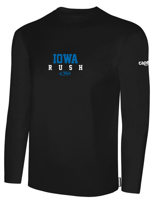 IOWA   RUSH SOUTH LONG  SLEEVE COTTON T-SHIRT CREST ON WEARERS CENTER CHEST BLACK WHITE
