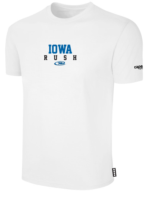 IOWA   RUSH SOUTH  SHORT SLEEVE COTTON T-SHIRT CREST ON WEARERS CENTER CHEST WHITE BLACK