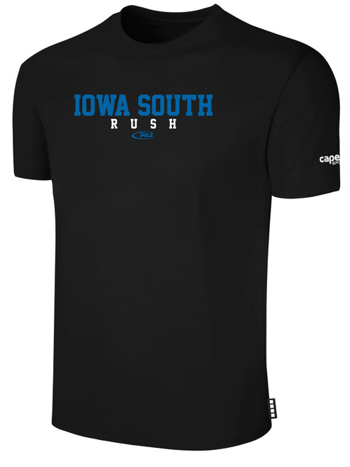 IOWA    RUSH SOUTH SHORT SLEEVE COTTON T-SHIRT CREST ON WEARERS CENTER CHEST BLACK WHITE