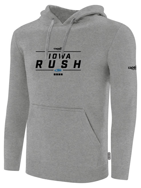 IOWA RUSH SOUTH FLEECE HOODIE CREST ON WEARERS CENTER CHEST LIGHT HEATHER GREY BLACK