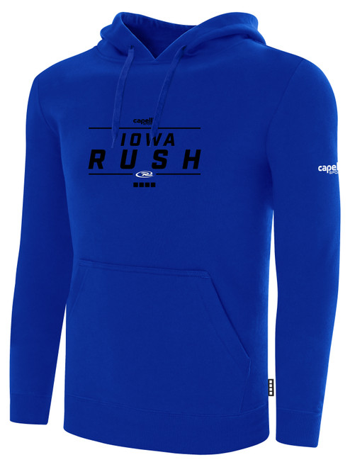 IOWA RUSH SOUTH FLEECE HOODIE CREST ON WEARERS CENTER CHEST ROYAL BLUE WHITE