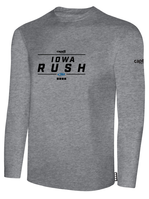 IOWA   RUSH  SOUTH LONG SLEEVE COTTON T-SHIRT CREST ON WEARERS CENTER CHEST LIGHT HEATHER GREY BLACK