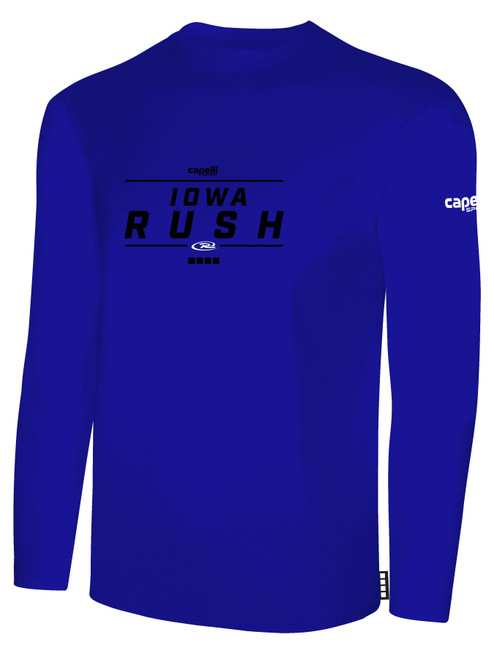 IOWA   RUSH  SOUTH LONG SLEEVE COTTON T-SHIRT CREST ON WEARERS CENTER CHEST ROYAL BLUE WHITE