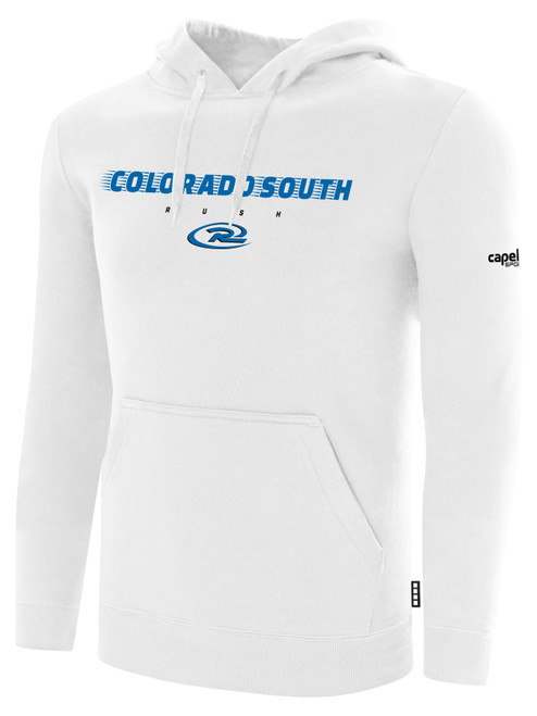 COLORADO RUSH SOUTH  FLEECE HOODIE CREST ON WEARERS CENTER CHEST WHITE BLACK