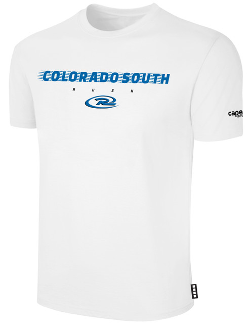 COLORADO RUSH SOUTH   SHORT SLEEVE COTTON T-SHIRT CREST ON WEARERS CENTER CHEST WHITE BLACK