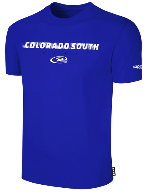COLORADO RUSH SOUTH   SHORT SLEEVE COTTON T-SHIRT CREST ON WEARERS CENTER CHEST ROYAL BLUE WHITE