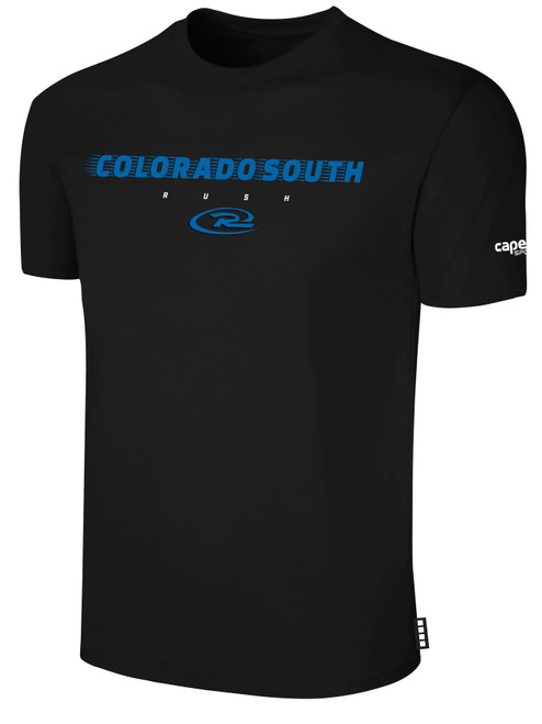 COLORADO RUSH SOUTH   SHORT SLEEVE COTTON T-SHIRT CREST ON WEARERS CENTER CHEST BLACK WHITE