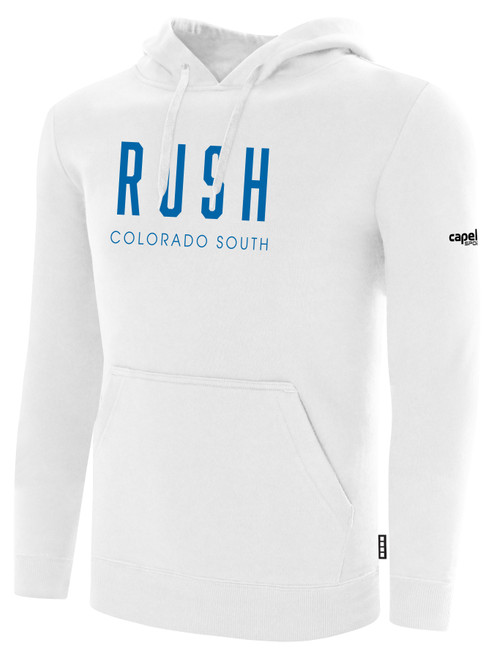 COLORADO RUSH SOUTH  FLEECE HOODIE  CREST ON WEARERS CENTER CHEST WHITE BLACK