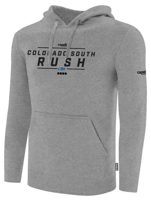 COLORADO  RUSH SOUTH  FLEECE HOODIE CREST ON WEARERS CENTER CHEST  LIGHT HEATHER GREY BLACK