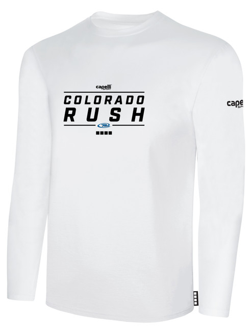 COLORADO RUSH LONG SLEEVE COTTON  T-SHIRT CREST  ON WEARERS CENTER CHEST WHITE BLACK
