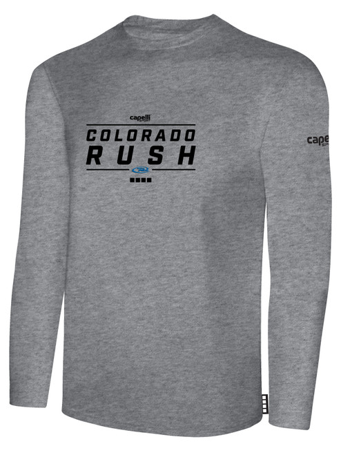 COLORADO RUSH LONG SLEEVE  COTTON T-SHIRT CREST ON  WEARERS CENTER CHEST LIGHT HEATHER GREY BLACK