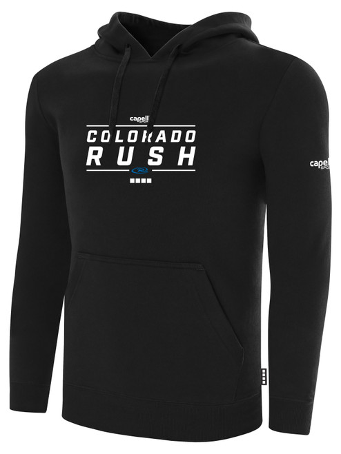 COLORADO RUSH  FLEECE  HOODIE  CREST ON WEARERS CENTER CHEST BLACK WHITE