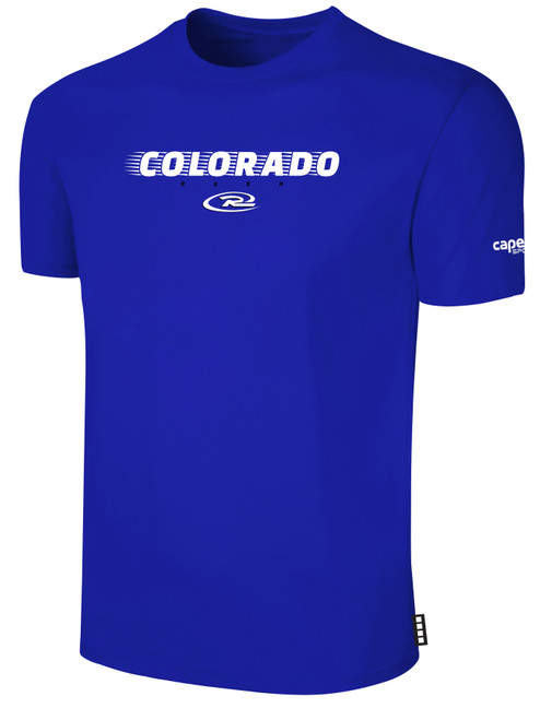 COLORADO RUSH SHORT SLEEVE   COTTON T-SHIRT  CREST ON WEARERS CENTER CHEST ROYAL BLUE WHITE