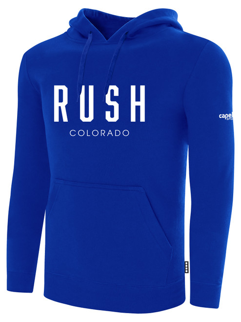 COLORADO RUSH FLEECE  HOODIE  CREST ON  WEARERS CENTER CHEST ROYAL BLUE WHITE