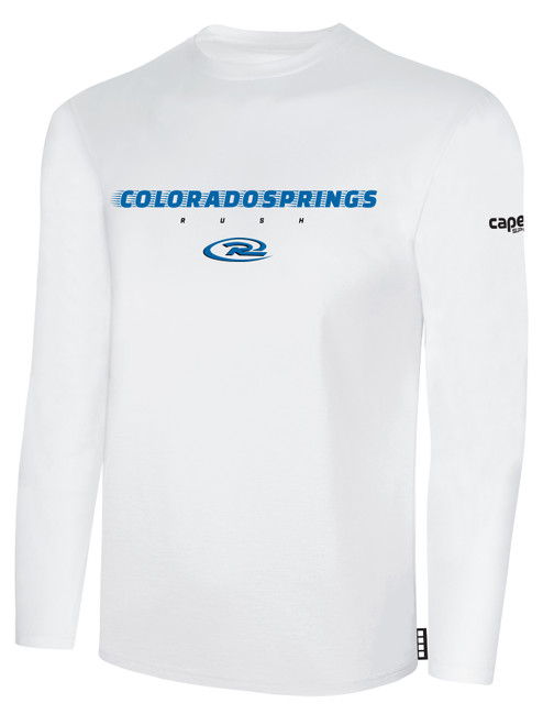 COLORADO RUSH COS  RUSH LONG SLEEVE COTTON T-SHIRT CREST ON WEARERS CENTER CHEST WHITE BLACK