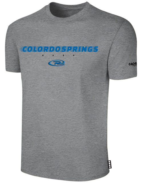 COLORADO RUSH COS  RUSH SHORT SLEEVE COTTON T-SHIRT CREST ON WEARERS CENTER CHEST LIGHT HEATHER GREY BLACK