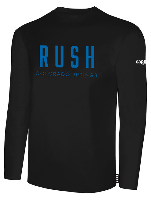 COLORADO RUSH COS  RUSH LONG SLEEVE COTTON       T-SHIRT CREST ON WEARERS CENTER CHEST BLACK WHITE