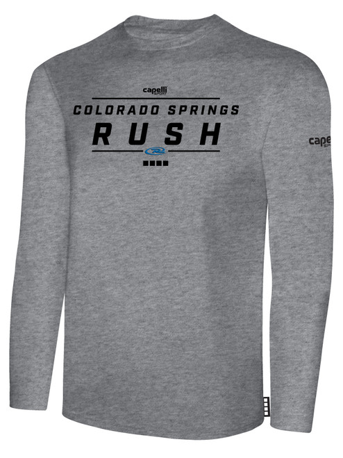 COLORADO RUSH COS  RUSH LONG SLEEVE COTTON    T-SHIRT CREST ON WEARERS CENTER CHEST LIGHT HEATHER GREY BLACK
