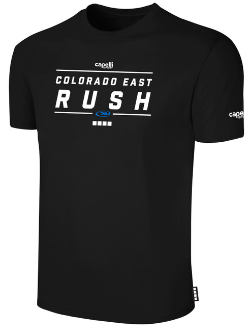 COLORADO RUSH EAST RUSH SHORT   SLEEVE COTTON T-SHIRT CREST ON WEARERS CENTER CHEST BLACK WHITE
