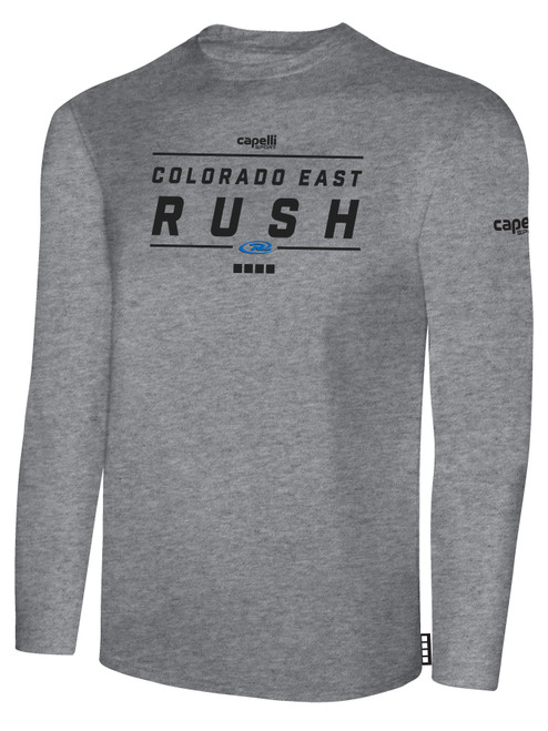 COLORADO RUSH EAST RUSH LONG SLEEVE COTTON T-SHIRT CREST ON WEARERS   CENTER CHEST LIGHT   HEATHER GREY BLACK