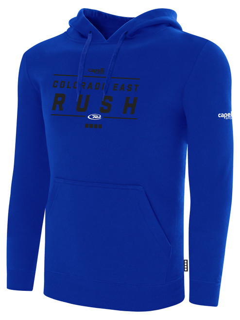 COLORADO RUSH EAST FLEECE HOODIE CREST ON WEARERS CENTER CHEST ROYAL BLUE WHITE
