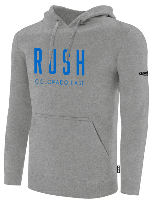 COLORADO RUSH EAST FLEECE HOODIE CREST ON WEARERS  CENTER CHEST LIGHT HEATHER GREY BLACK