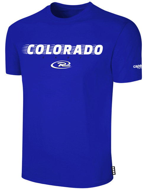 COLORADO RUSH EAST RUSH SHORT SLEEVE COTTON T-SHIRT CREST ON WEARERS CENTER CHEST ROYAL BLUE WHITE