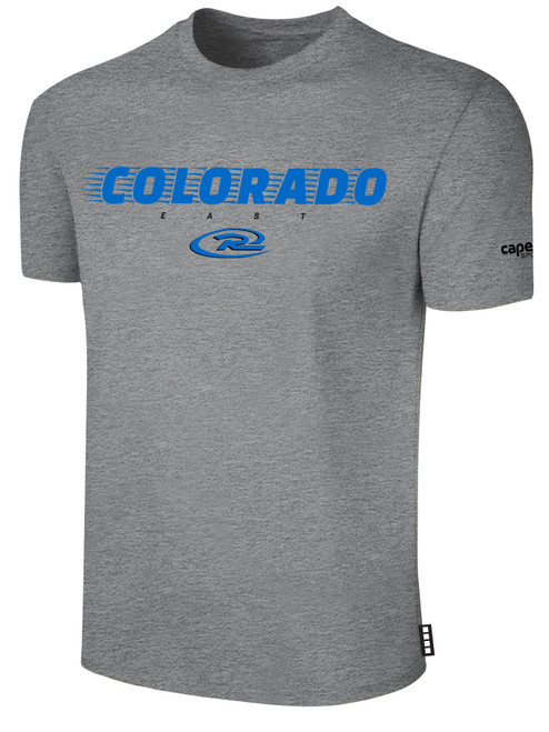 COLORADO RUSH EAST RUSH SHORT SLEEVE COTTON T-SHIRT CREST ON WEARERS CENTER CHEST LIGHT HEATHER GREY BLACK