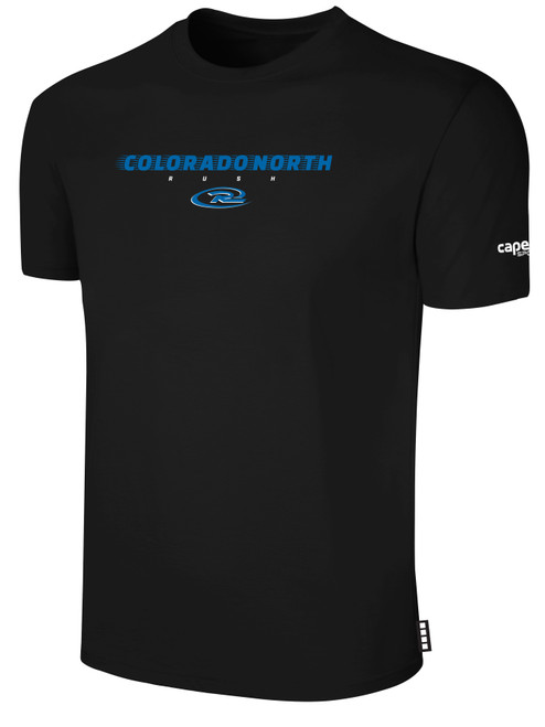 COLORADO RUSH NORTH   SHORT SLEEVE COTTON T-SHIRT CREST ON WEARERS CENTER CHEST  BLACK WHITE