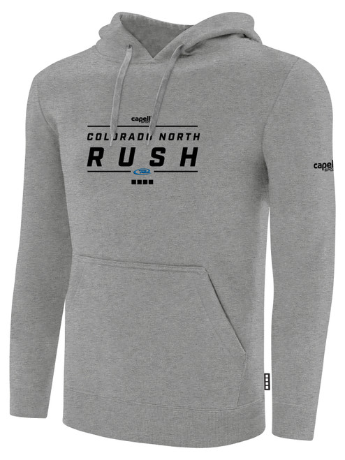 COLORADO RUSH NORTH   FLEECE HOODIE CREST ON WEARERS CENTER CHEST LIGHT HEATHER GREY BLACK