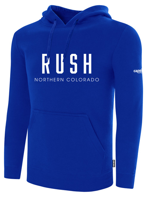 NORCO RUSH  FLEECE HOODIE CREST ON WEARERS CENTER CHEST ROYAL BLUE WHITE