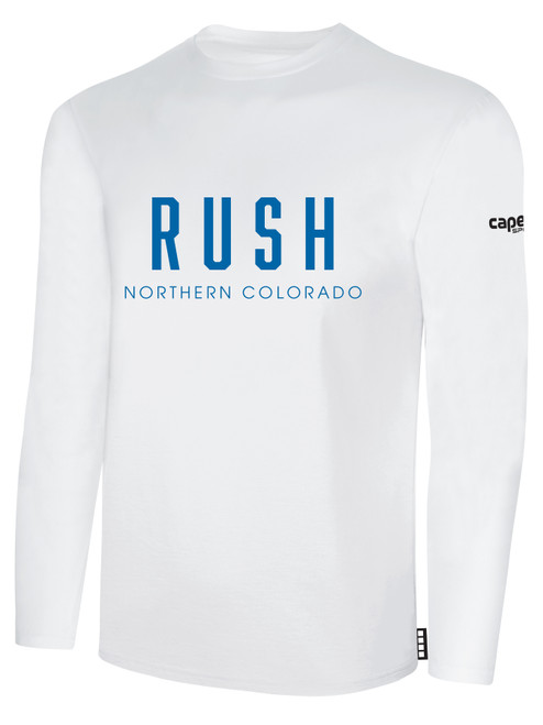 NORCO RUSH  LONG SLEEVE COTTON T-SHIRT CREST  ON WEARERS CENTER CHEST WHITE BLACK