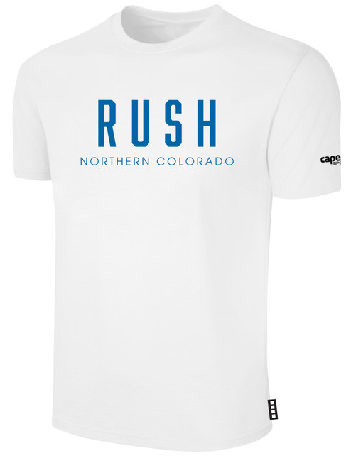 NORCO RUSH  SHORT SLEEVE COTTON T-SHIRT CREST  ON WEARERS CENTER CHEST WHITE BLACK
