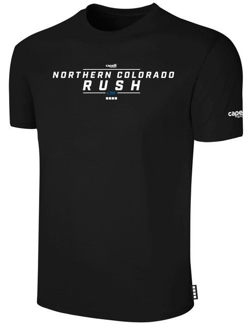 NORCO RUSH  SHORT SLEEVE COTTON T-SHIRT CREST ON WEARERS CENTER CHEST BLACK WHITE