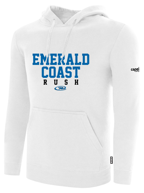 EMERALD COAST UNITED RUSH FLEECE HOODIE CREST ON WEARERS CENTER  CHEST WHITE BLACK