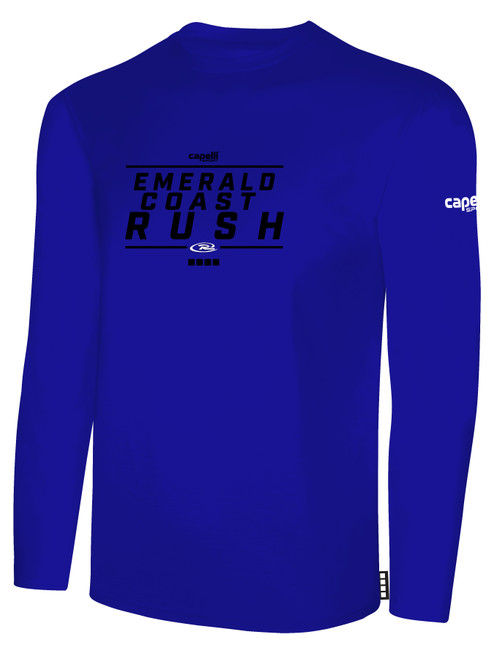 EMERALD COAST UNITED RUSH  LONG           SLEEVE COTTON T-SHIRT CREST ON WEARERS CENTER CHEST ROYAL BLUE WHITE