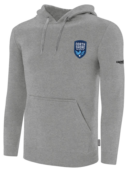 NORTH SHORE GIRLS SOCCER BASICS FLEECE HOODIE WEARERS LEFT CHEST: NORTH SHORE GIRLS SOCCER CREST CENTER BACK: HEART AND HUSTLE SOCCER LIGHT HEATHER GREY BLACK