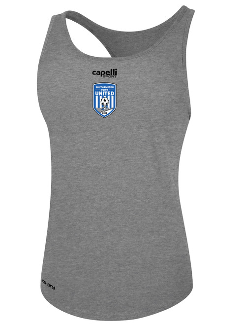 SOUTHAMPTON TOWN UNITED BASICS RACER BACK TANK CREST ON WEARER'S CENTER CHEST LIGHT HEATHER GREY