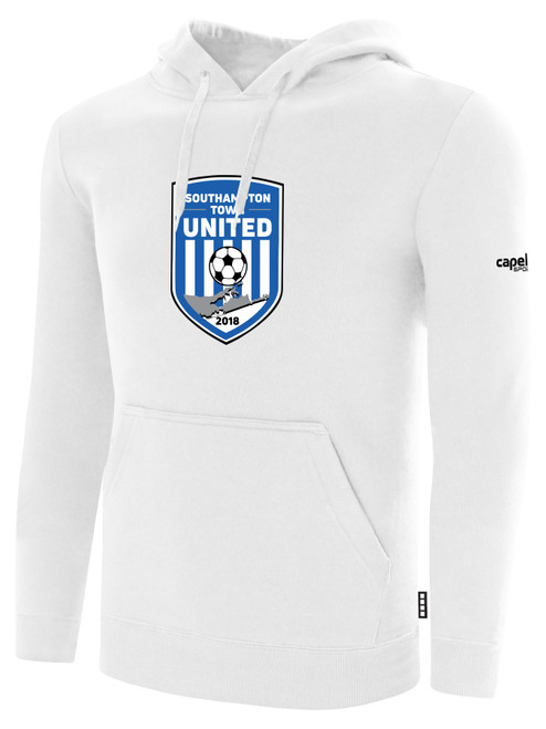 SOUTHAMPTON TOWN UNITED BASICS FLEECE PULLOVER HOODIE CREST ON WEARER'S CENTER CHEST WHITE BLACK