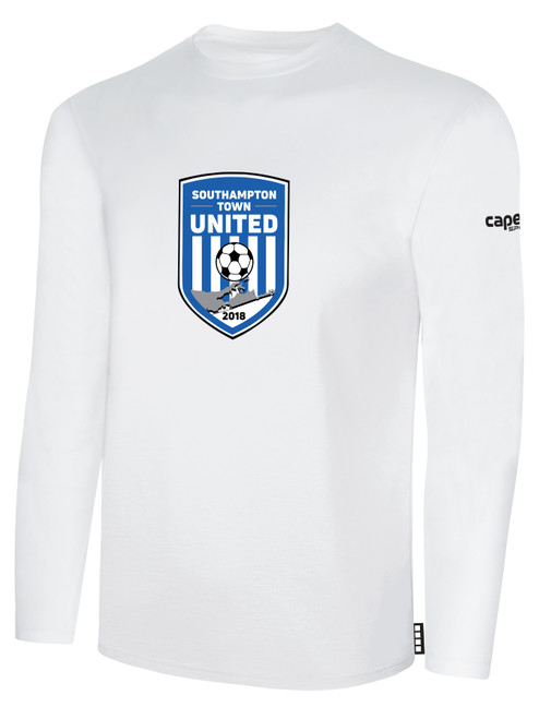 SOUTHAMPTON TOWN UNITED BASICS LONG SLEEVE COTTON TEE CREST ON WEARER'S CENTER CHEST WHITE BLACK