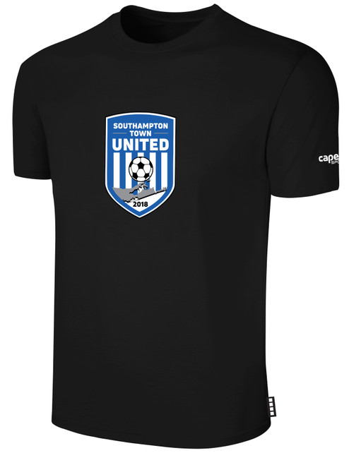SOUTHAMPTON TOWN UNITED BASICS COTTON TEE CREST ON WEARER'S CENTER CHEST BLACK WHITE