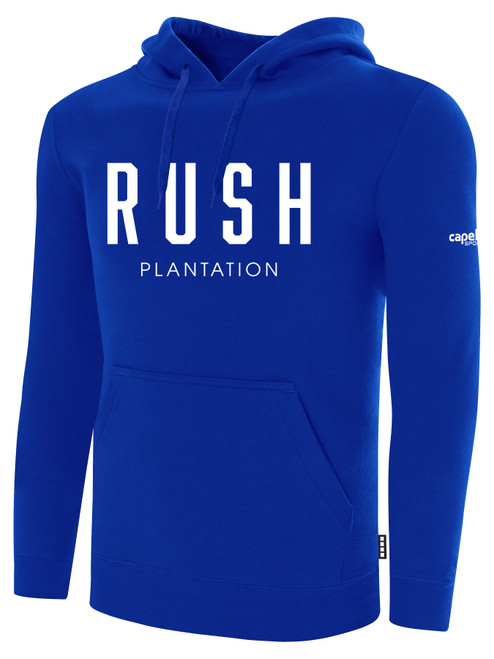 PLANTATION RUSH FLEECE HOODIE CREST ON WEARERS CENTER CHEST  ROYAL BLUE WHITE