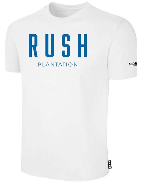 PLANTATION RUSH SHORT SLEEVE COTTON T-SHIRT CREST ON WEARERS  CENTER CHEST WHITE BLACK