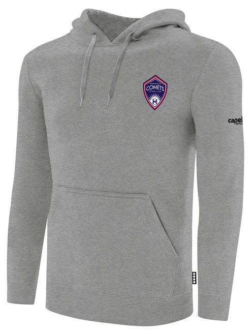 ARKANSAS COMETS BASICS FLEECE PULLOVER HOODIE CREST ON WEARERS LEFT CHEST LIGHT HEATHER GREY BLACK