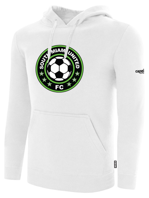 SOUTH MIAMI UNITED FC FULL ZIP FLEECE HOODIE CREST ON WEARERS CENTER CHEST WHITE BLACK